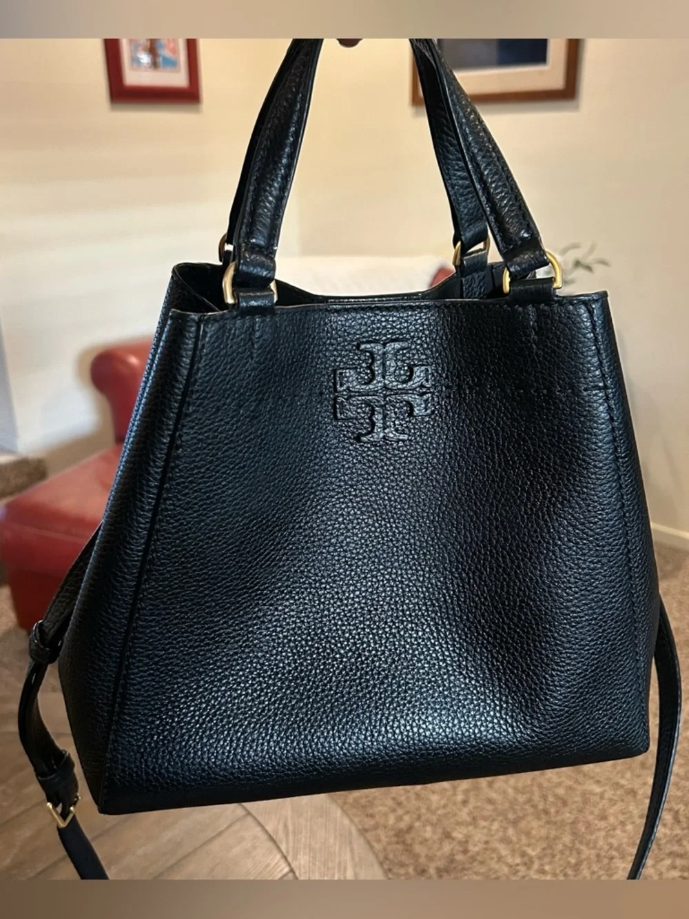 Tory Burch McGraw Black Pebbled Leather Carryall Tote Bag with Matching Wallet